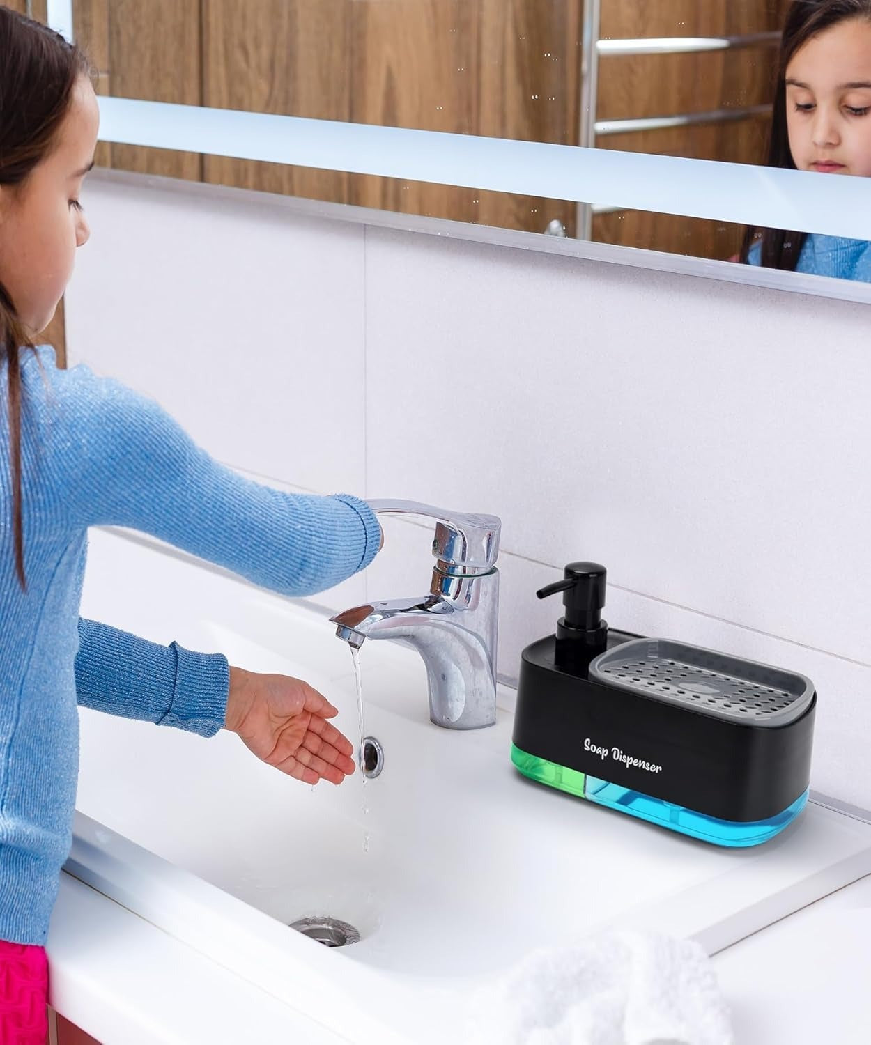 Kitchen Dishwashing Soap Dispenser with Dual Compartments Hand Wash & Sponge Tray