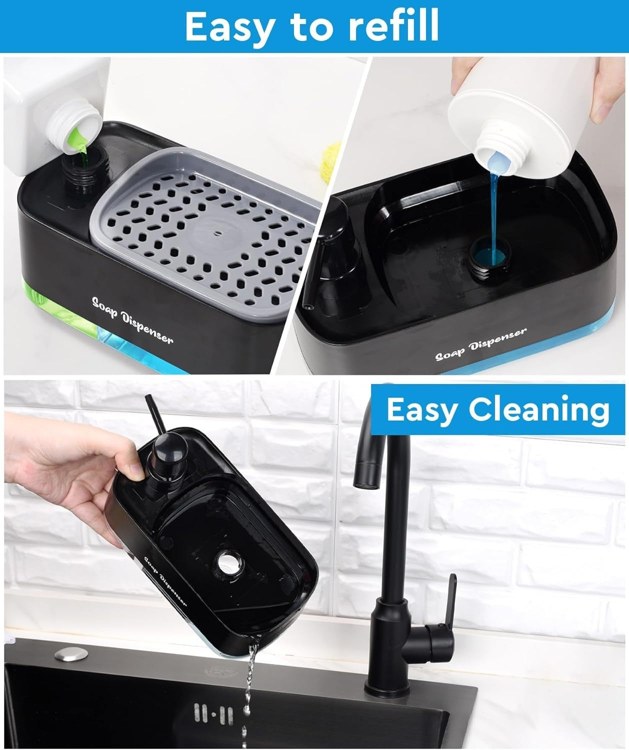 Kitchen Dishwashing Soap Dispenser with Dual Compartments Hand Wash & Sponge Tray