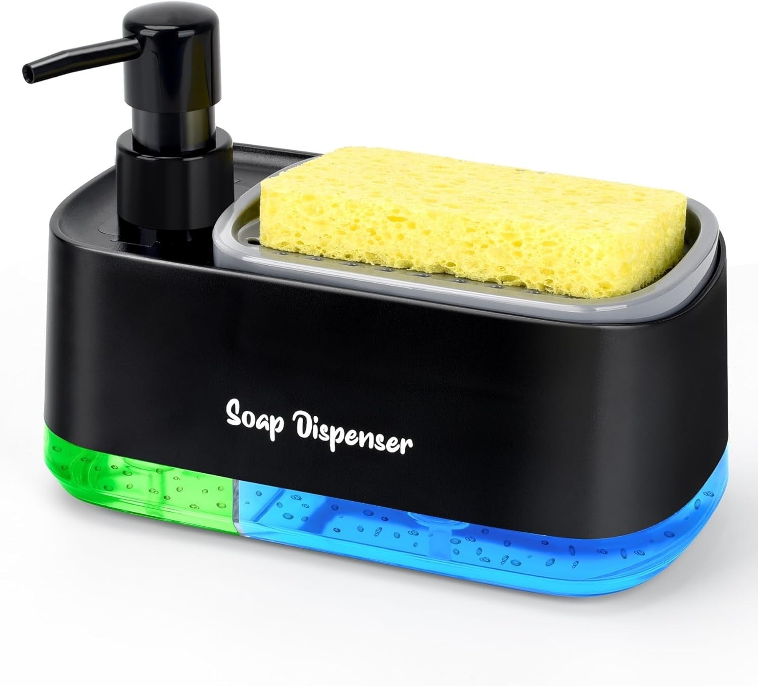 Kitchen Dishwashing Soap Dispenser with Dual Compartments Hand Wash & Sponge Tray