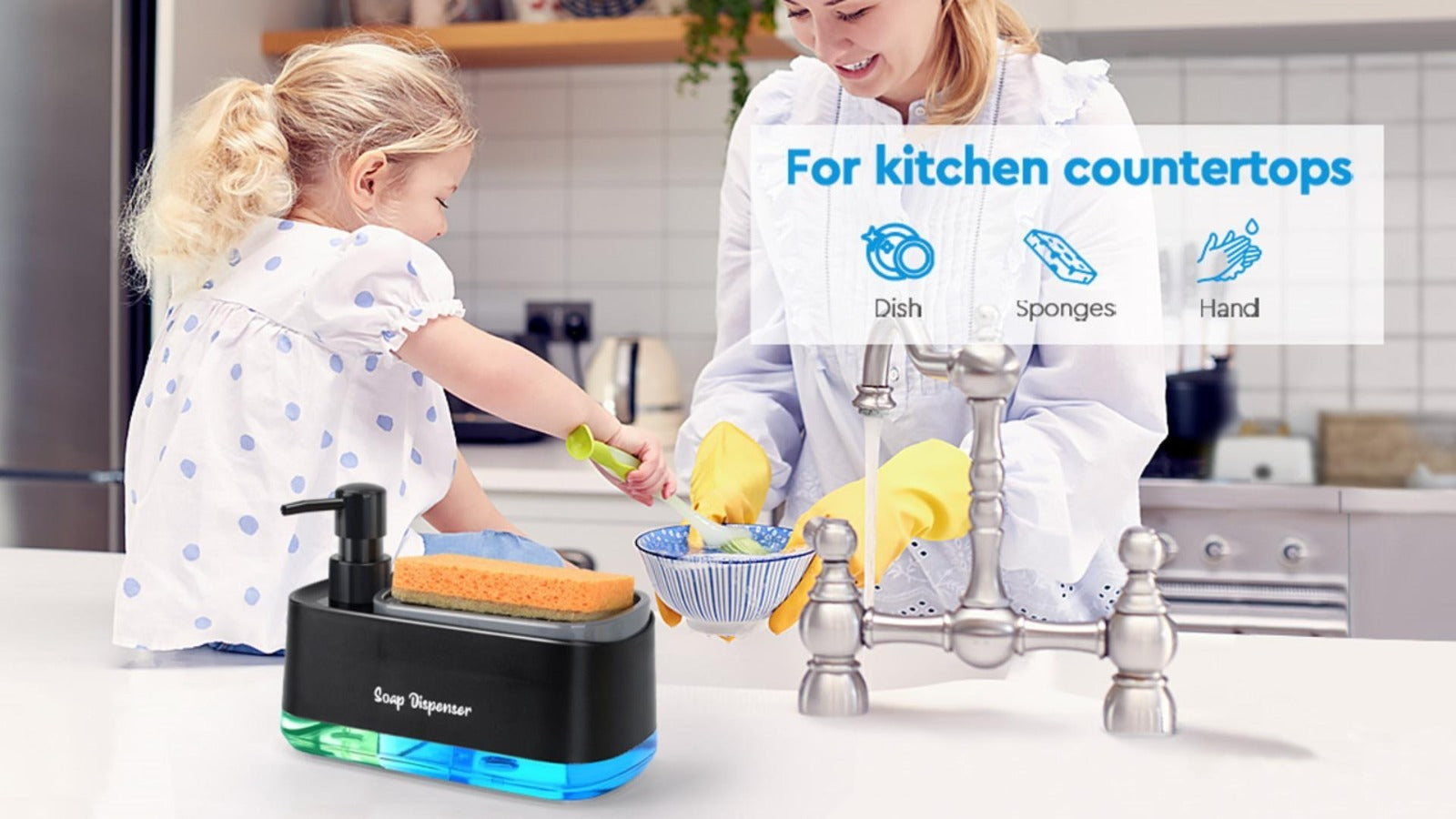 Kitchen Dishwashing Soap Dispenser with Dual Compartments Hand Wash & Sponge Tray