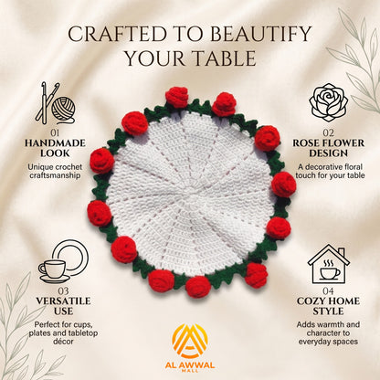 Handmade Crochet Round Table Mat with Red Roses & Green Leaf Details