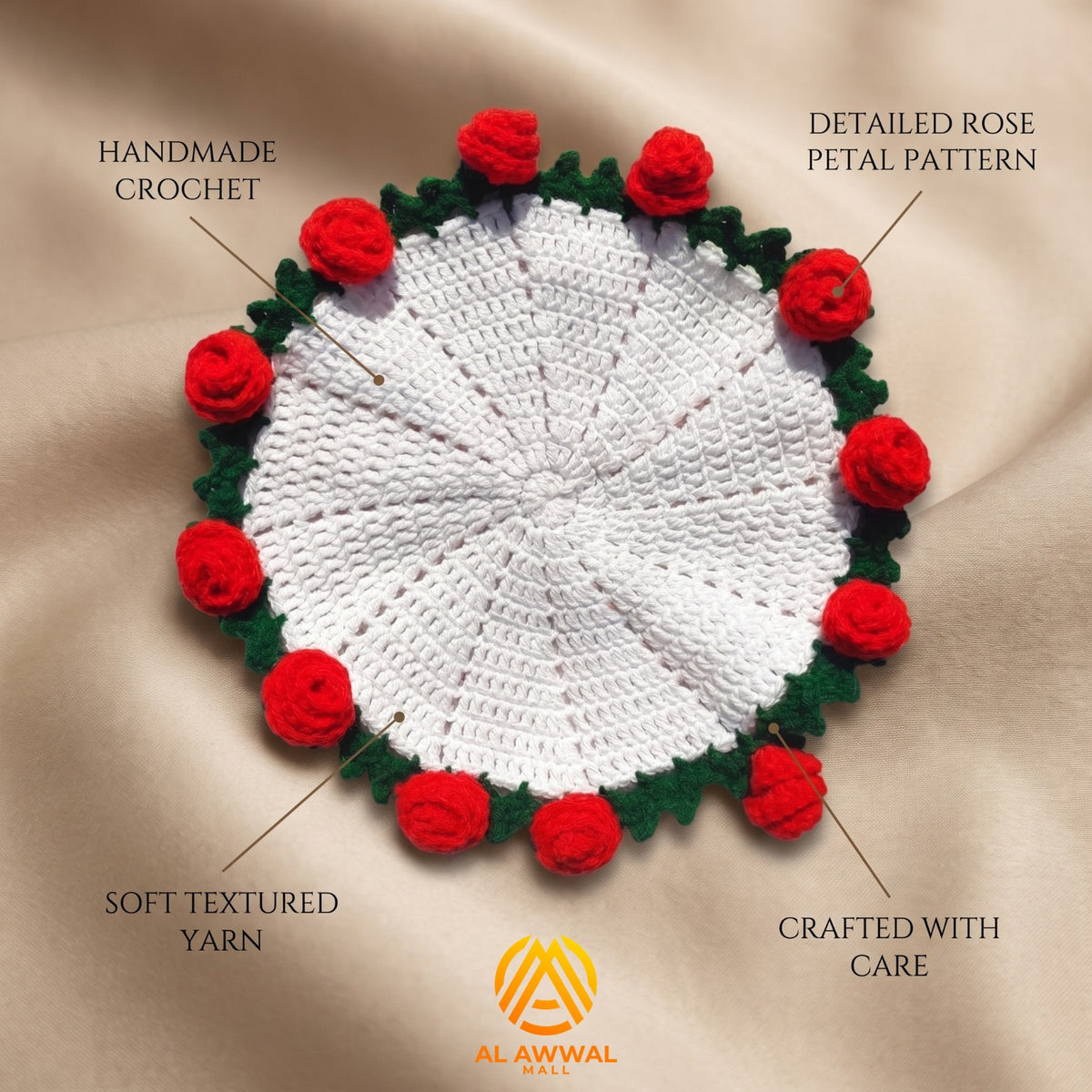 Handmade Crochet Round Table Mat with Red Roses & Green Leaf Details