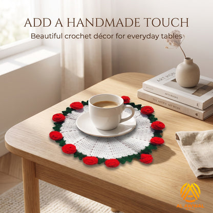 Handmade Crochet Round Table Mat with Red Roses & Green Leaf Details