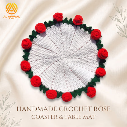 Handmade Crochet Round Table Mat with Red Roses & Green Leaf Details
