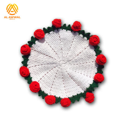 Handmade Crochet Round Table Mat with Red Roses & Green Leaf Details