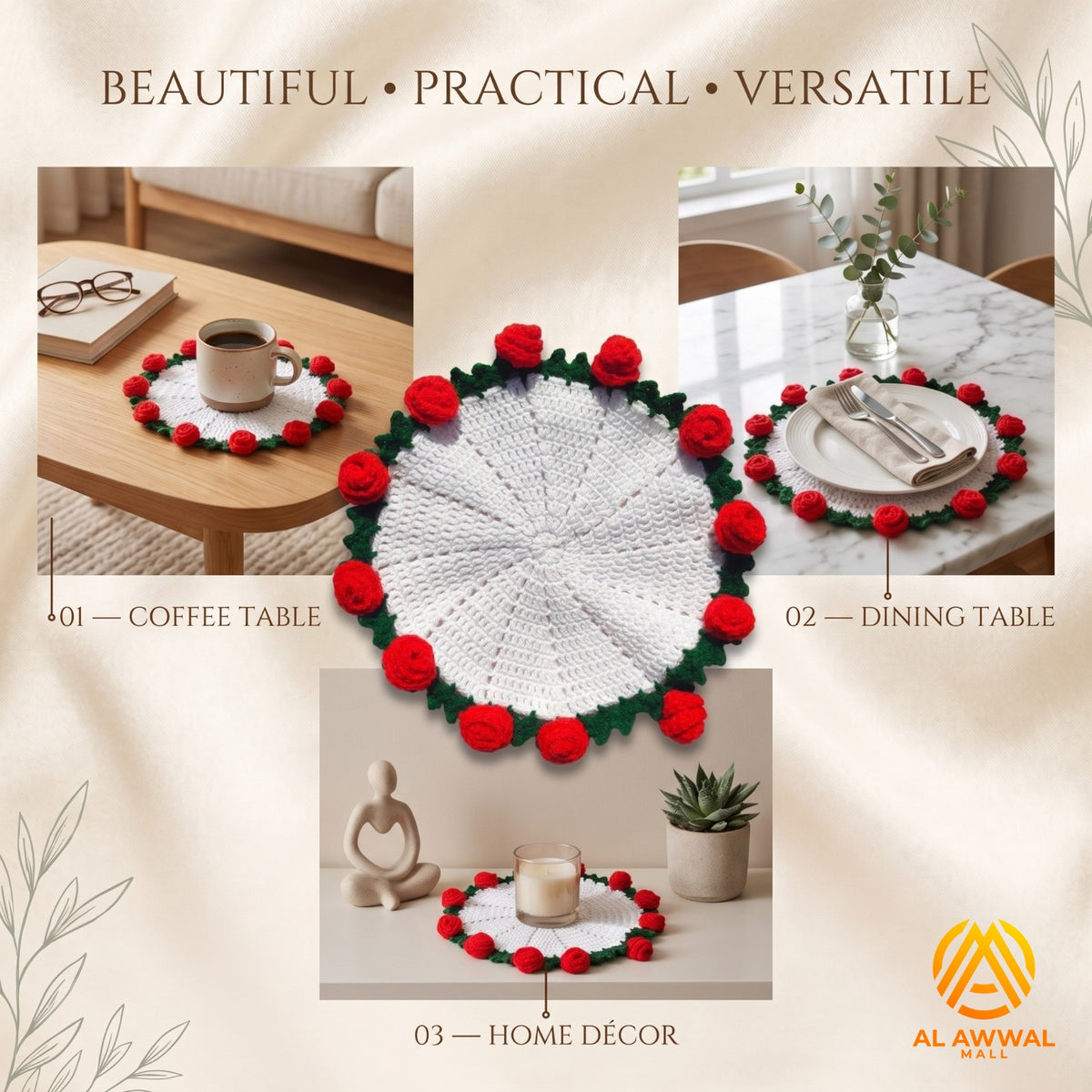 Handmade Crochet Round Table Mat with Red Roses & Green Leaf Details