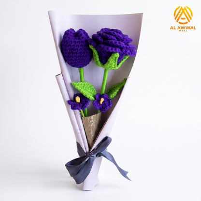 Handmade Crochet Purple Tulip & Rose Flowers with Green Stems and Leaves