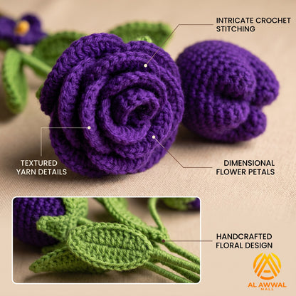 Handmade Crochet Purple Tulip & Rose Flowers with Green Stems and Leaves