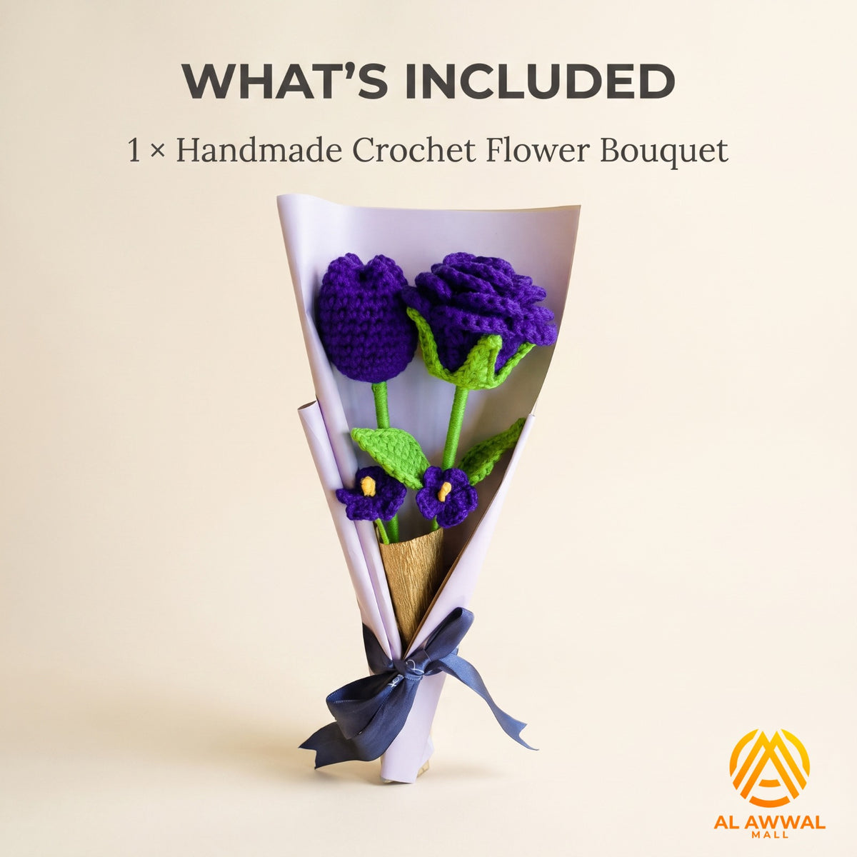 Handmade Crochet Purple Tulip & Rose Flowers with Green Stems and Leaves