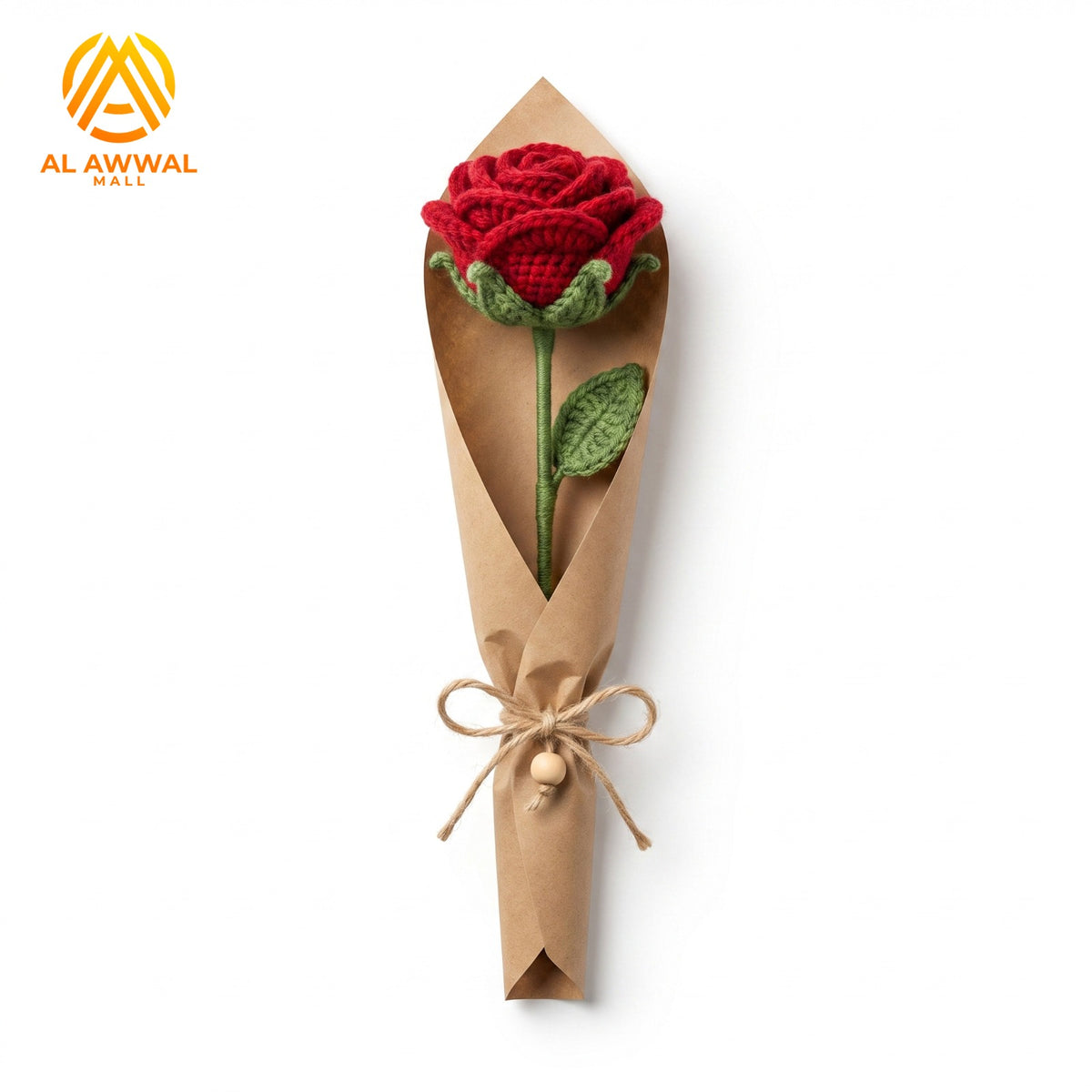 Handmade Crochet Red Rose with Long Stem, Green Leaves & Decorative Wrap