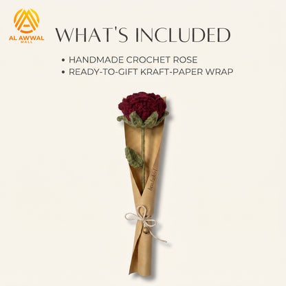 Handmade Crochet Red Rose with Long Stem, Green Leaves & Decorative Wrap
