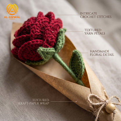 Handmade Crochet Red Rose with Long Stem, Green Leaves & Decorative Wrap