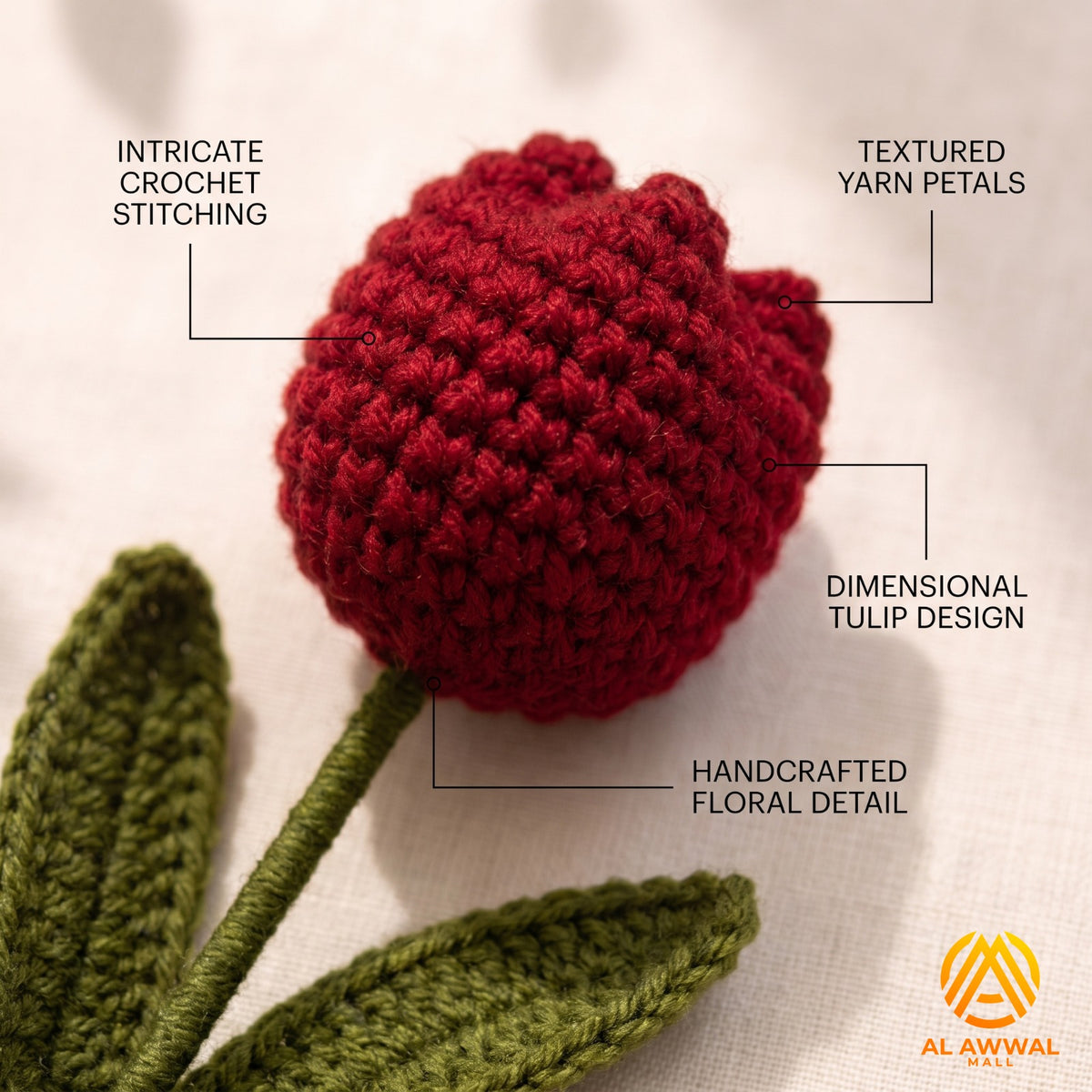 Handmade Crochet Red Tulip with Long Stem & White Gold Decorative Wrap