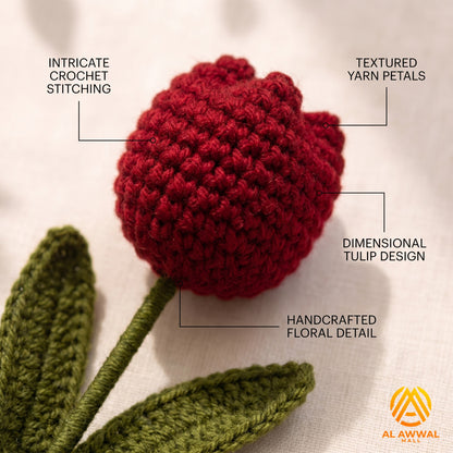 Handmade Crochet Red Tulip with Long Stem & White Gold Decorative Wrap