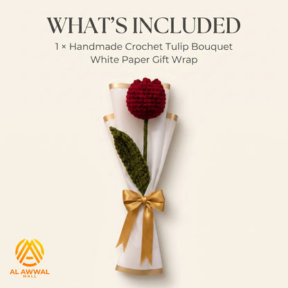 Handmade Crochet Red Tulip with Long Stem & White Gold Decorative Wrap