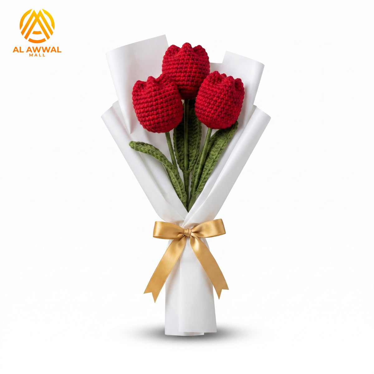 Handmade Crochet Red Tulip with Long Stem & White Gold Decorative Wrap