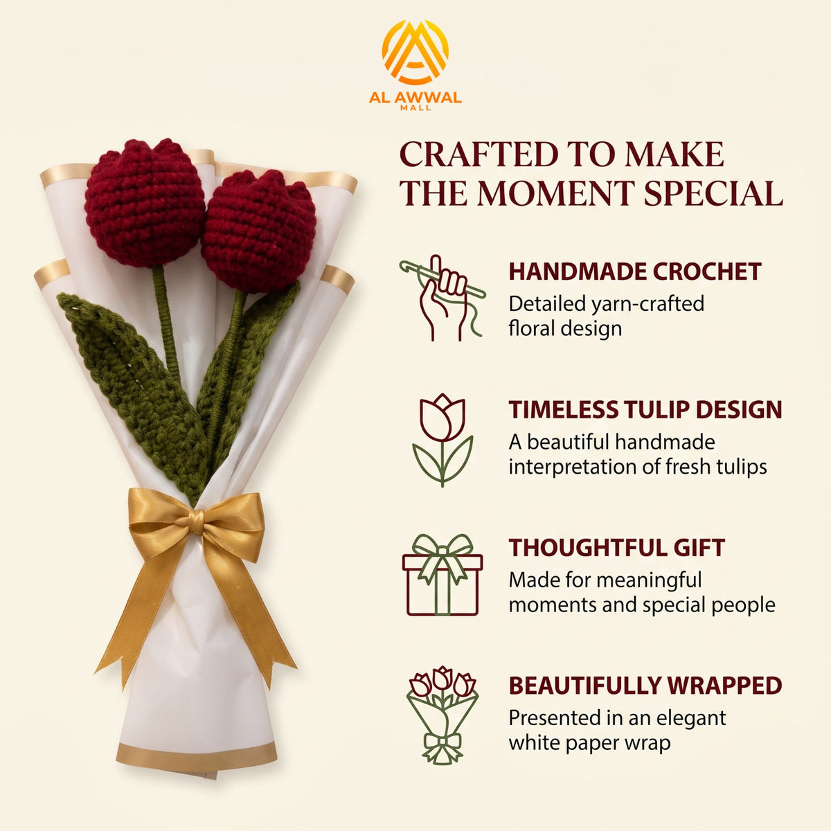 Handmade Crochet Red Tulip with Long Stem & White Gold Decorative Wrap