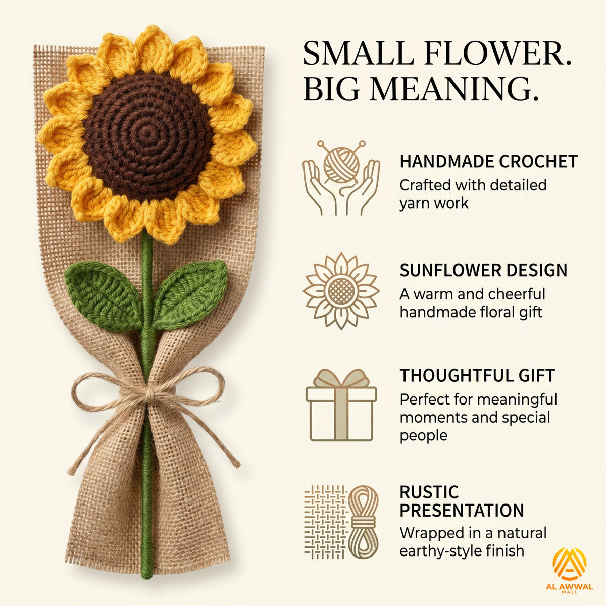 Handmade Crochet Yellow Sunflower with Long Stem & Double Petals