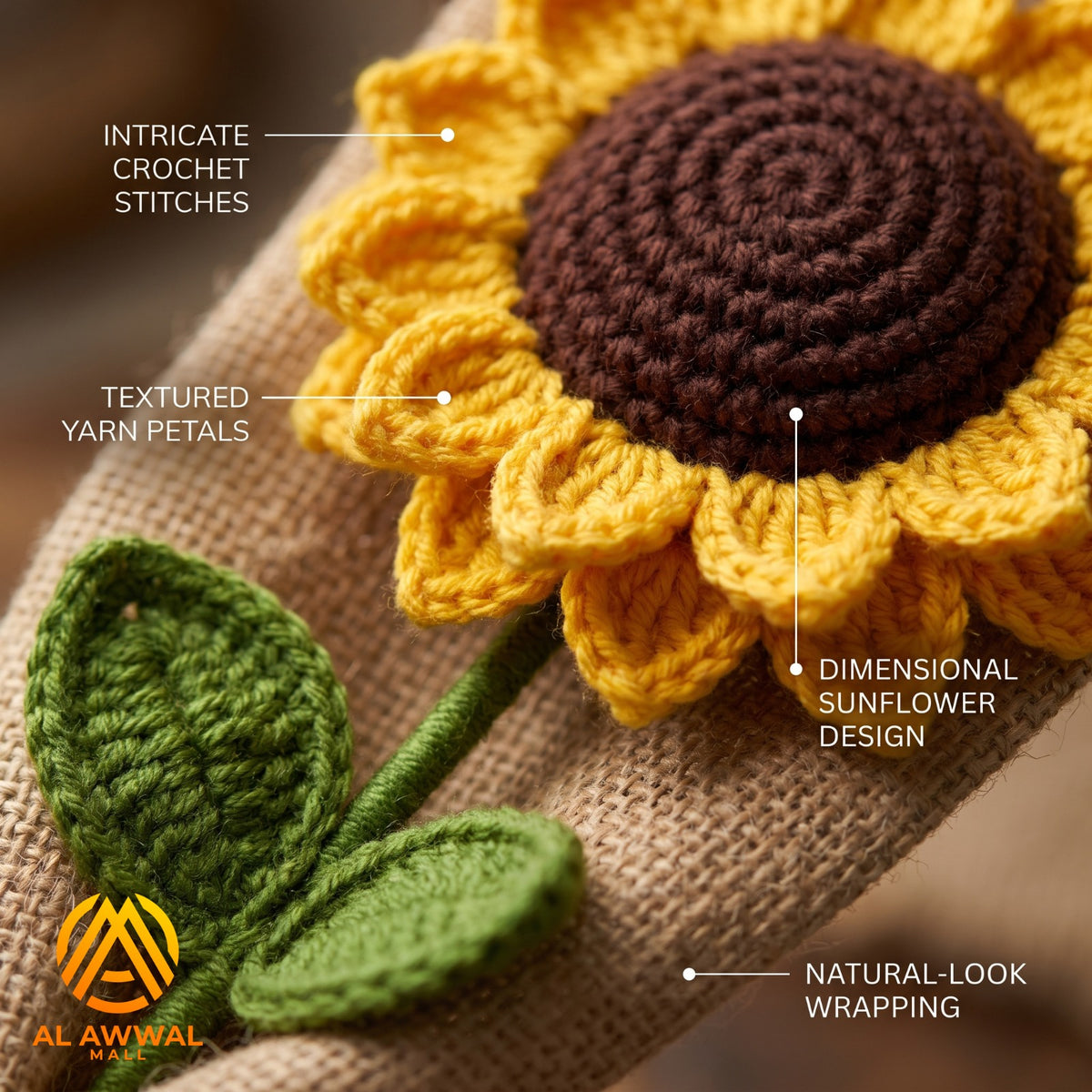 Handmade Crochet Yellow Sunflower with Long Stem & Double Petals