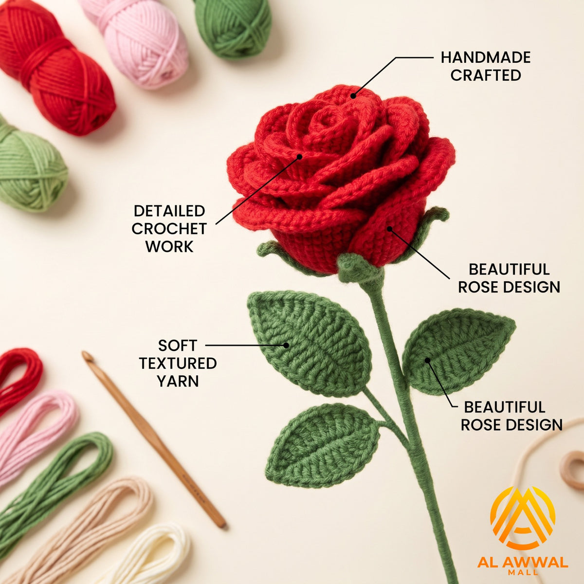 Handmade Crochet Red Rose with Long Stem & Green Leaves for Vase Decoration