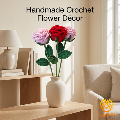 Handmade Crochet Red Rose with Long Stem & Green Leaves for Vase Decoration