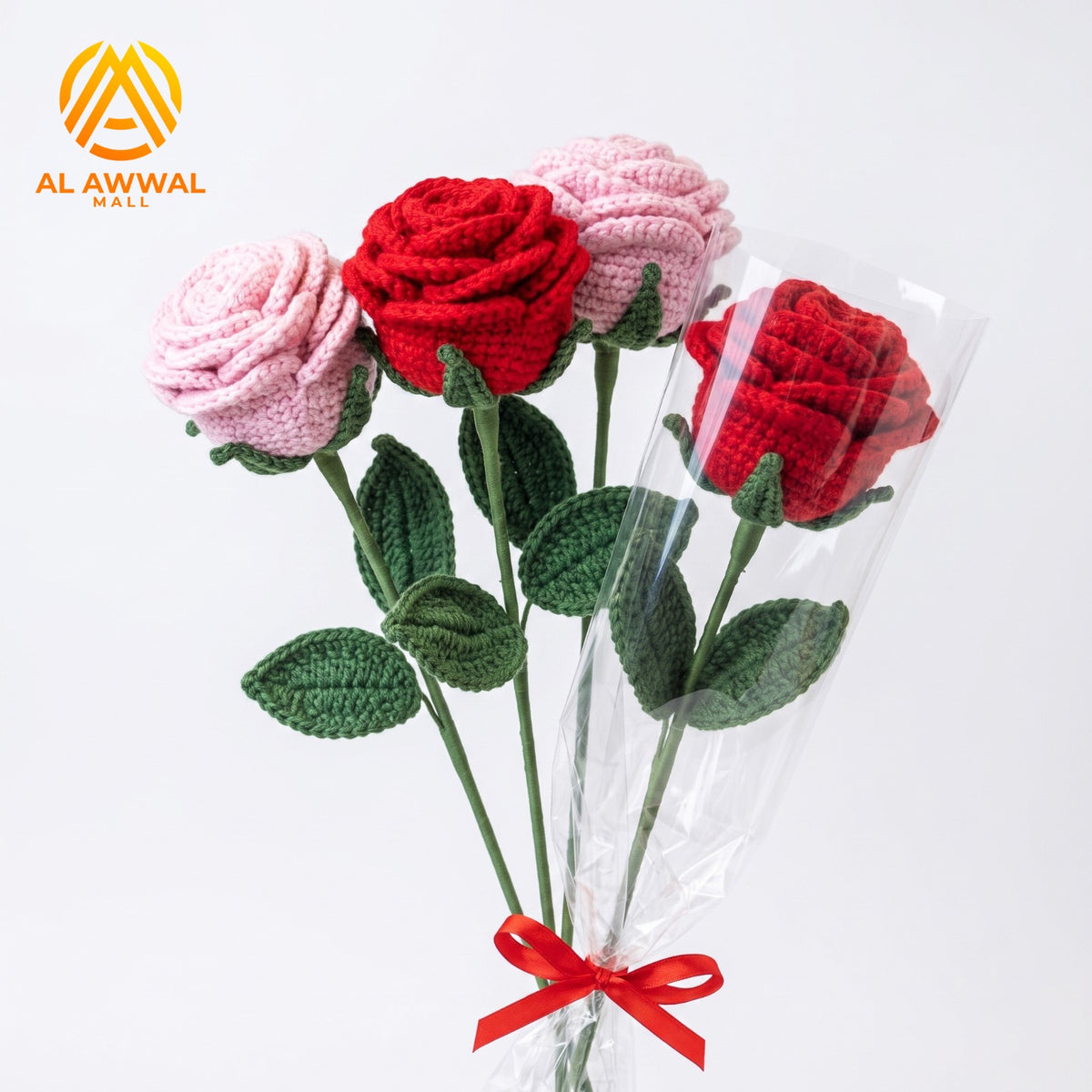 Handmade Crochet Red Rose with Long Stem & Green Leaves for Vase Decoration