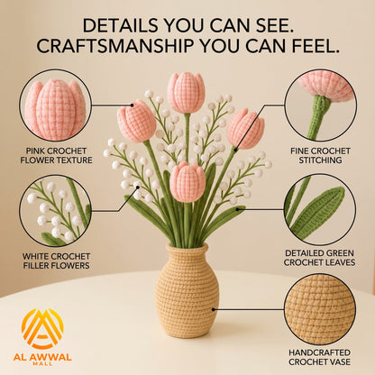 Handmade Crochet Pink Tulips with Green Stems in Beige Vase