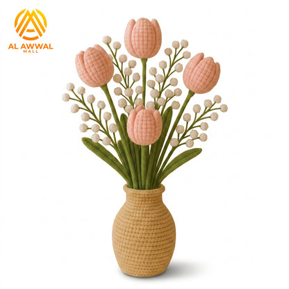 Handmade Crochet Pink Tulips with Green Stems in Beige Vase