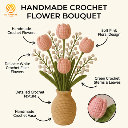 Handmade Crochet Pink Tulips with Green Stems in Beige Vase