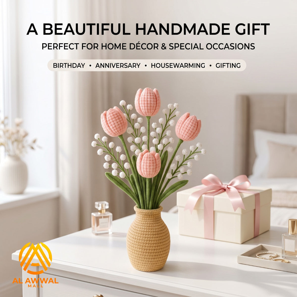Handmade Crochet Pink Tulips with Green Stems in Beige Vase