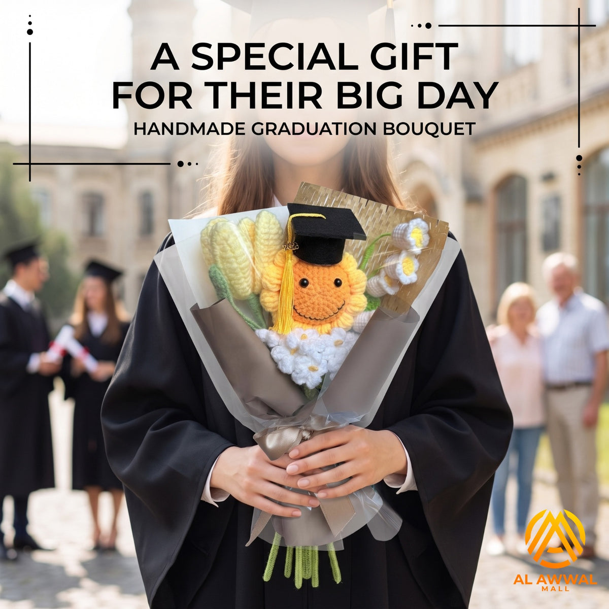 Graduation Bouquet with Sunflower, Graduation Cap & Floral Wrap