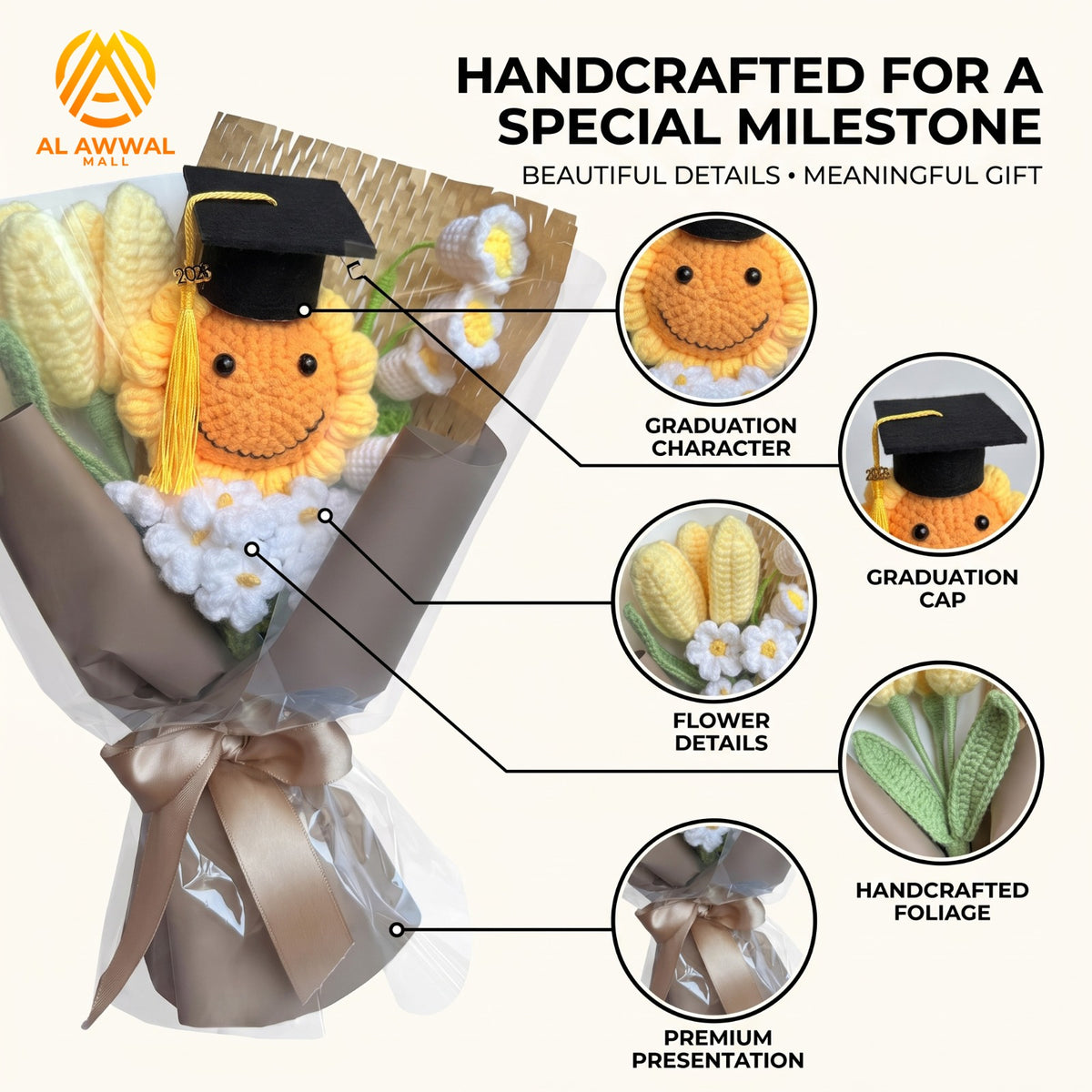 Graduation Bouquet with Sunflower, Graduation Cap & Floral Wrap