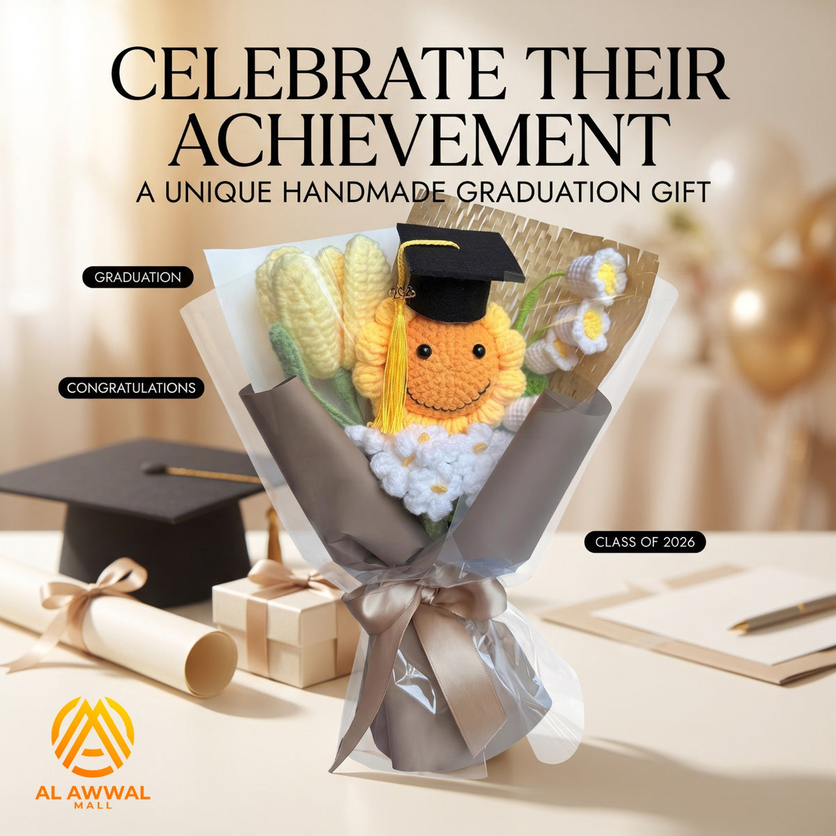 Graduation Bouquet with Sunflower, Graduation Cap & Floral Wrap