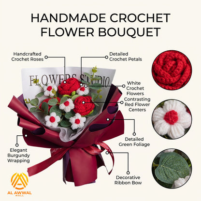 Handmade Crochet Bouquet with Red Roses, White Daisies & Ribbon Bow