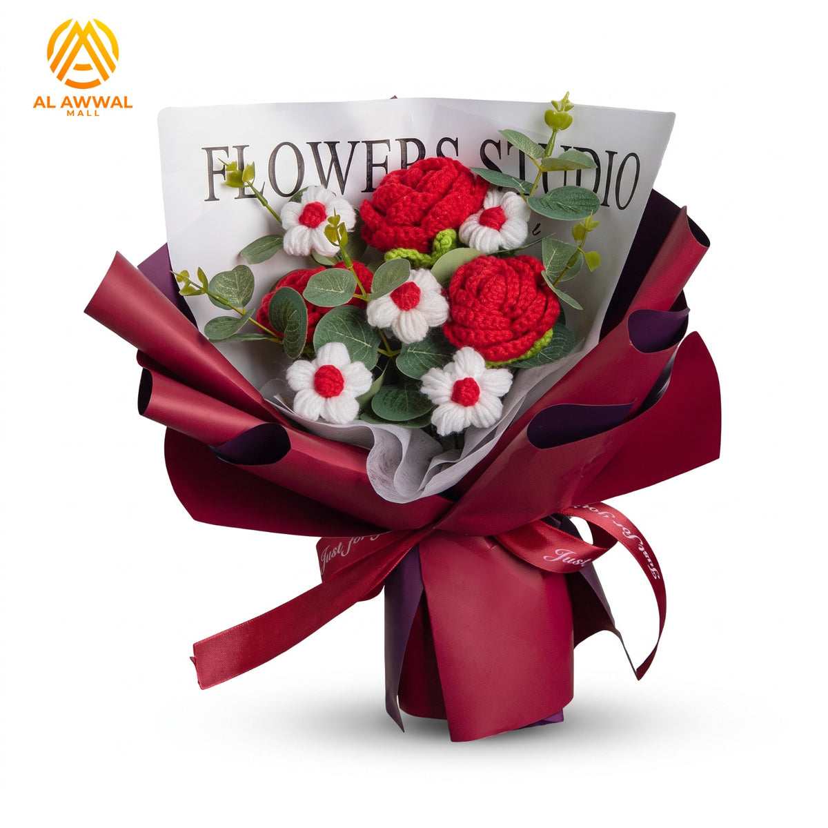 Handmade Crochet Bouquet with Red Roses, White Daisies & Ribbon Bow