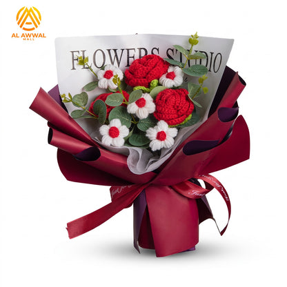 Handmade Crochet Bouquet with Red Roses, White Daisies & Ribbon Bow