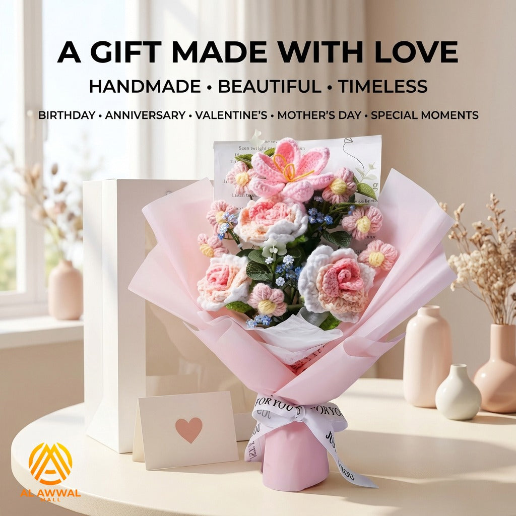 Handmade Crochet Pink Bouquet with Large Petal Flower, Roses & Daisies