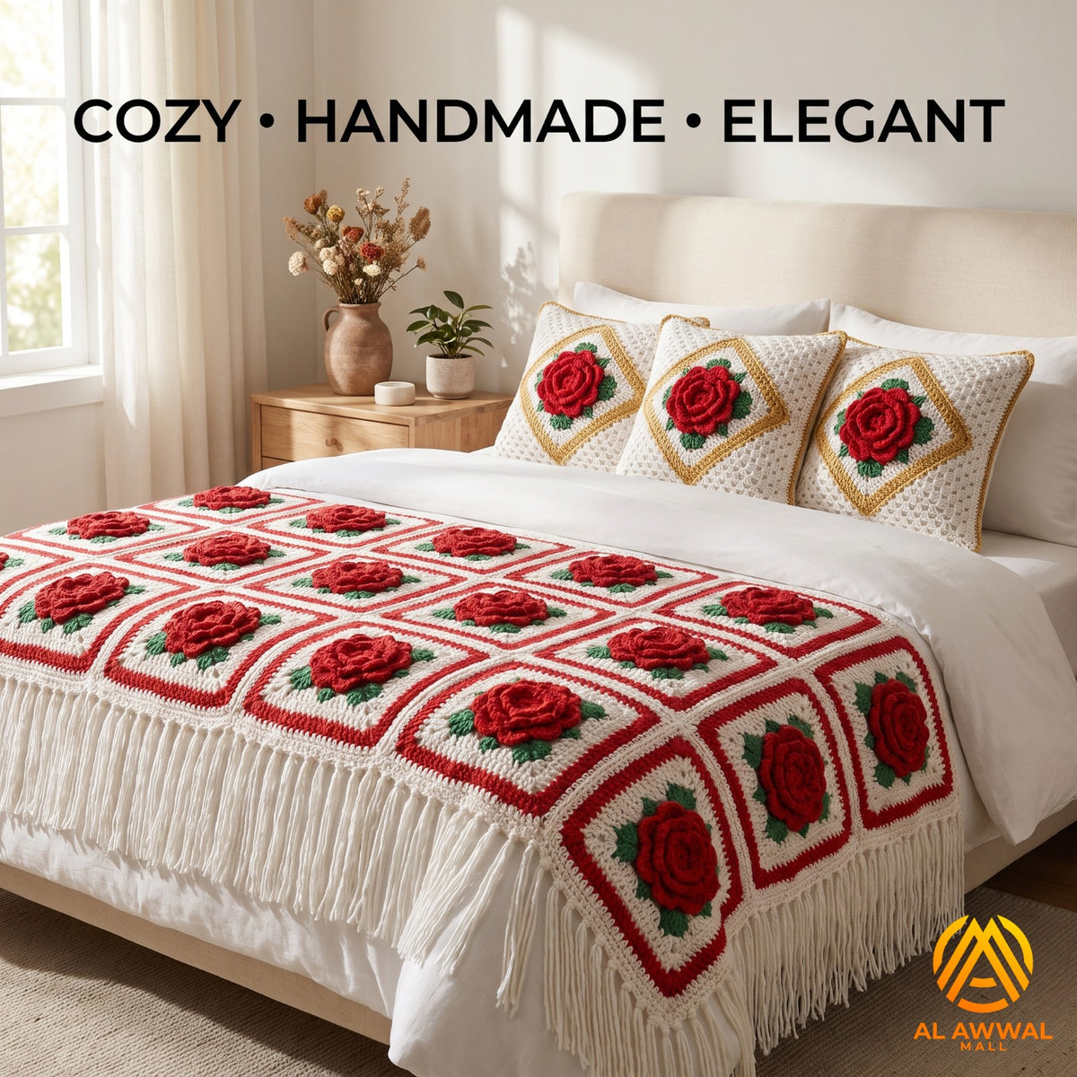 White Crochet Blanket with Red Rose Block Design & Matching Pillow Covers