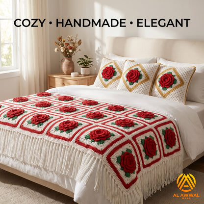 White Crochet Blanket with Red Rose Block Design & Matching Pillow Covers