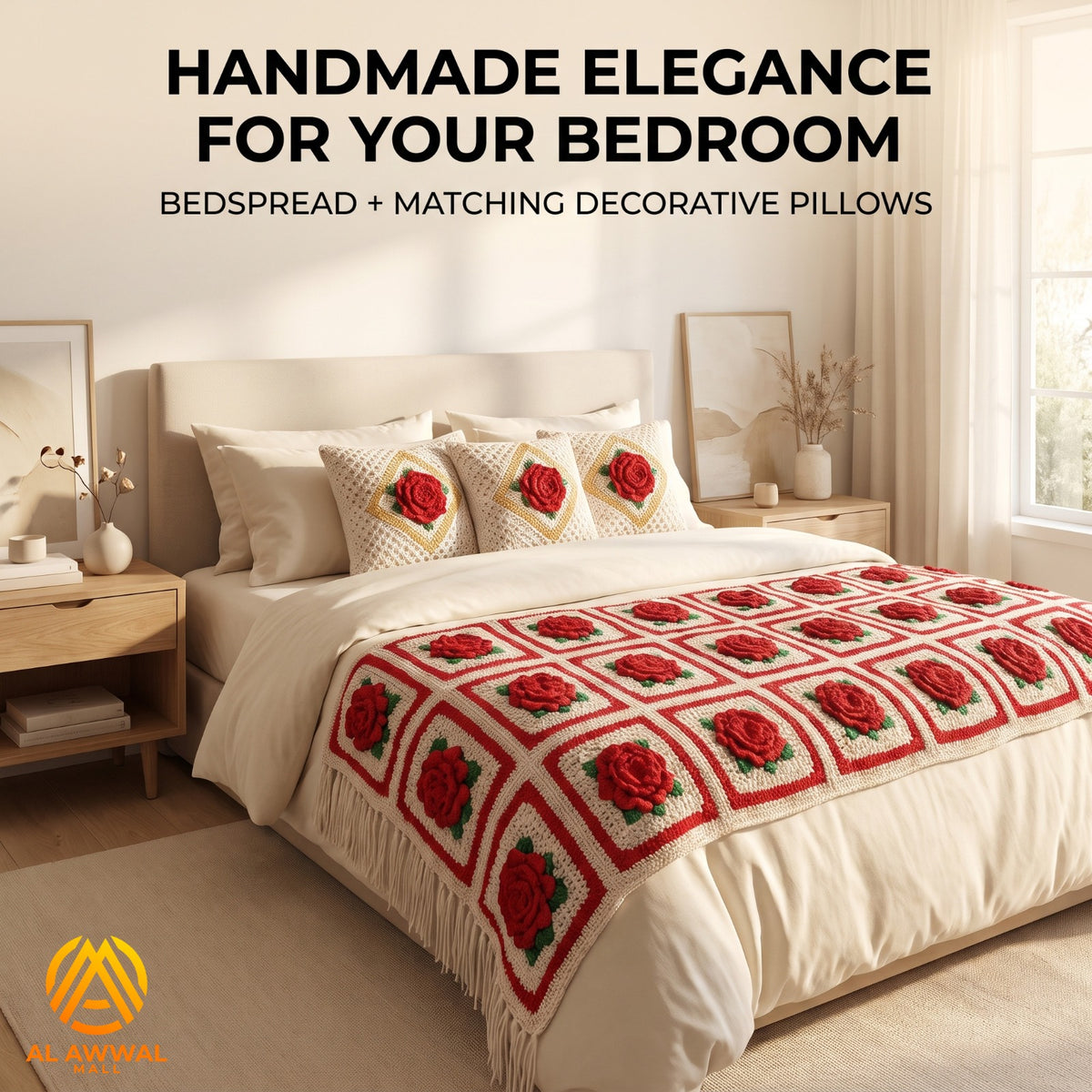 White Crochet Blanket with Red Rose Block Design & Matching Pillow Covers