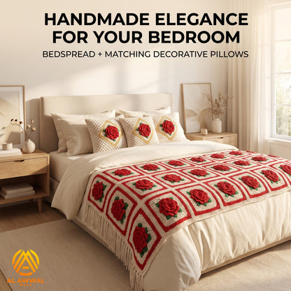 White Crochet Blanket with Red Rose Block Design & Matching Pillow Covers