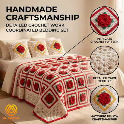 White Crochet Blanket with Red Rose Block Design & Matching Pillow Covers