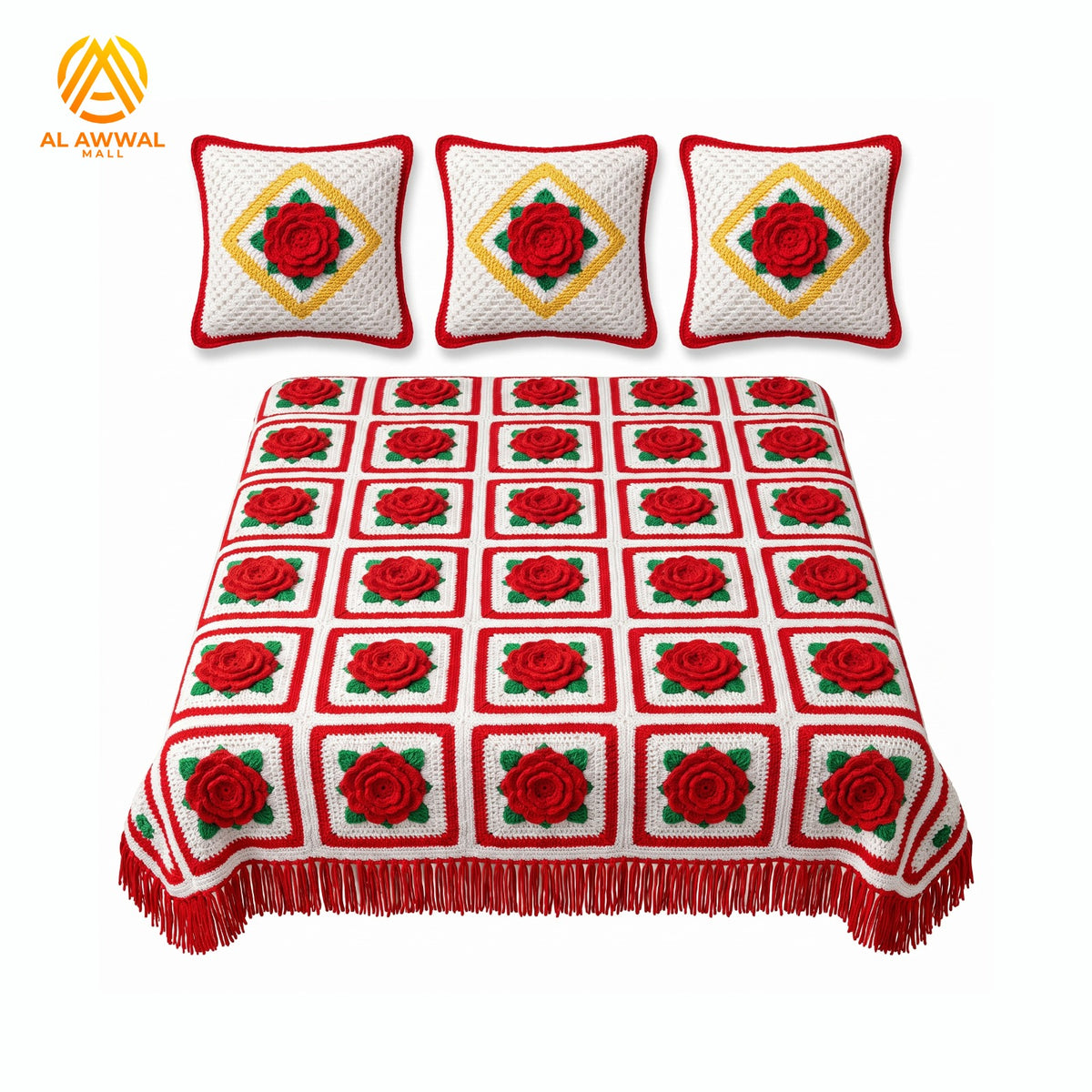 White Crochet Blanket with Red Rose Block Design & Matching Pillow Covers