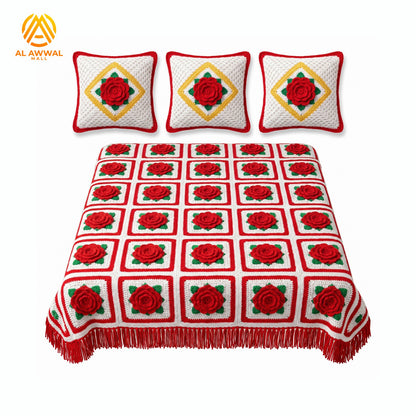 White Crochet Blanket with Red Rose Block Design & Matching Pillow Covers