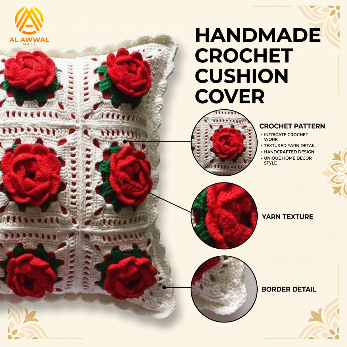 Handmade Crochet Square Cushion Cover with Red Rose Motifs and Green Leaf Details