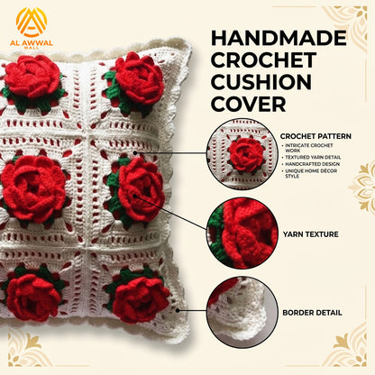 Handmade Crochet Square Cushion Cover with Red Rose Motifs and Green Leaf Details