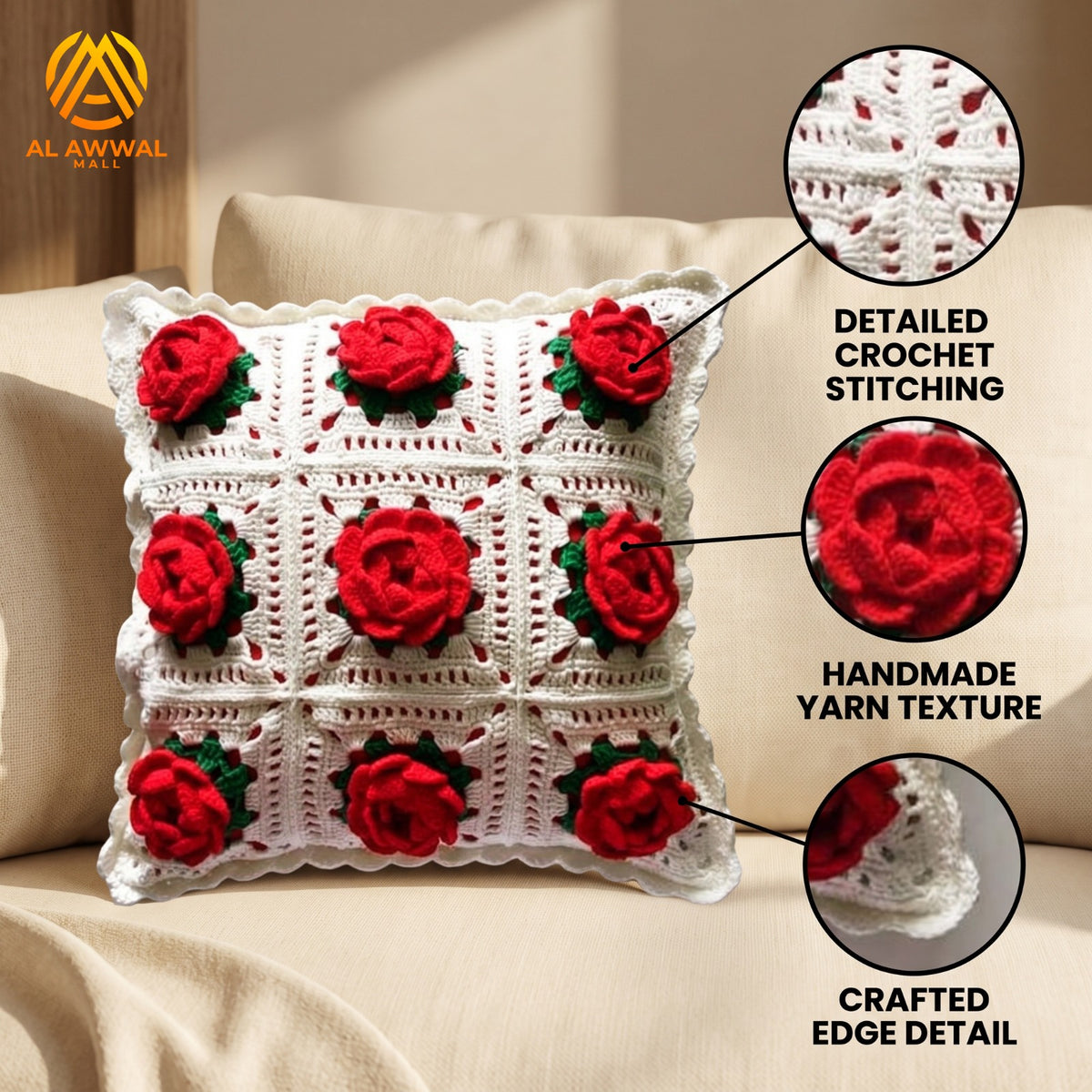 Handmade Crochet Square Cushion Cover with Red Rose Motifs and Green Leaf Details