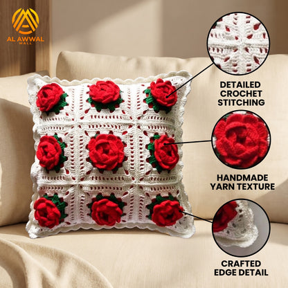 Handmade Crochet Square Cushion Cover with Red Rose Motifs and Green Leaf Details