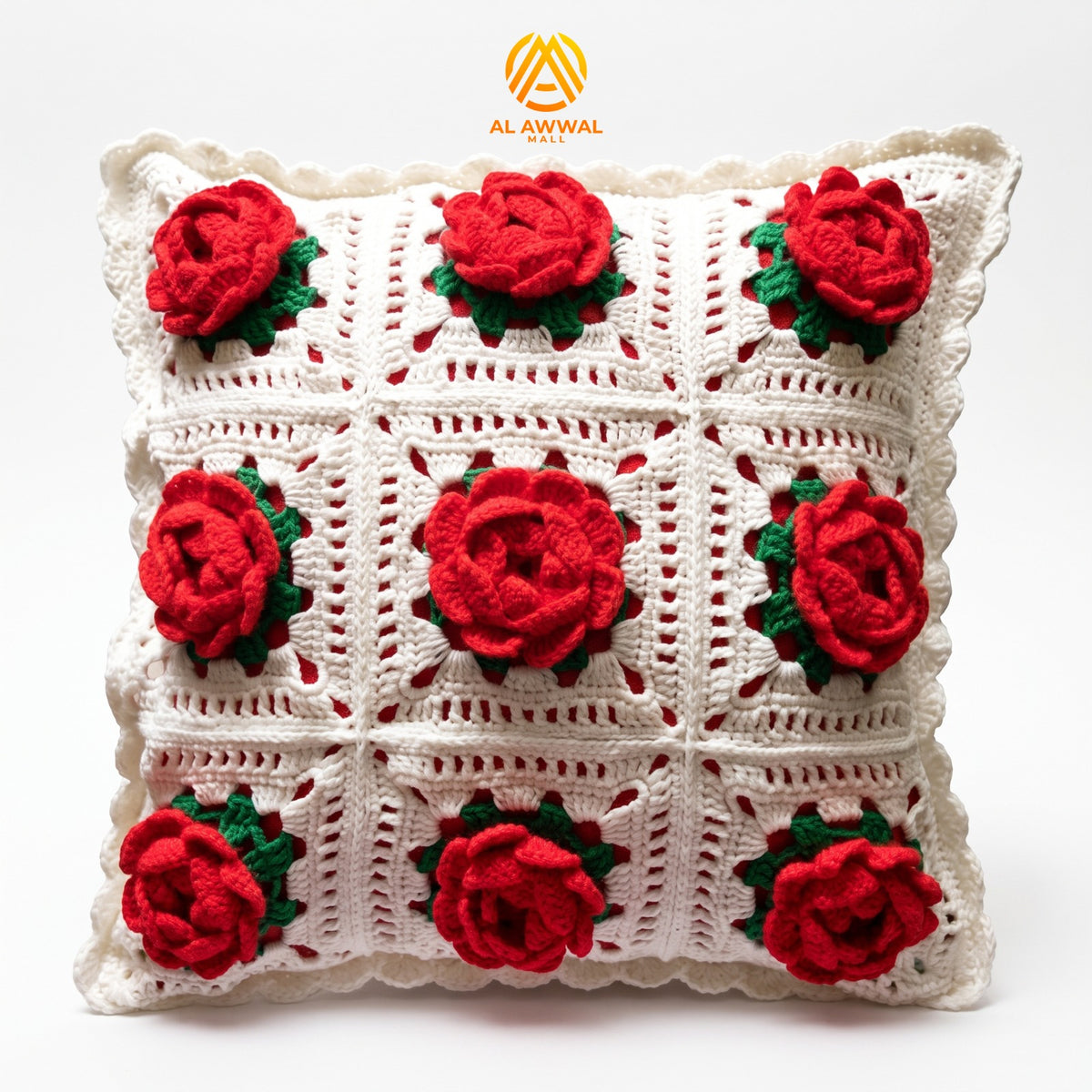 Handmade Crochet Square Cushion Cover with Red Rose Motifs and Green Leaf Details