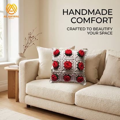 Handmade Crochet Square Cushion Cover with Red Rose Motifs and Green Leaf Details